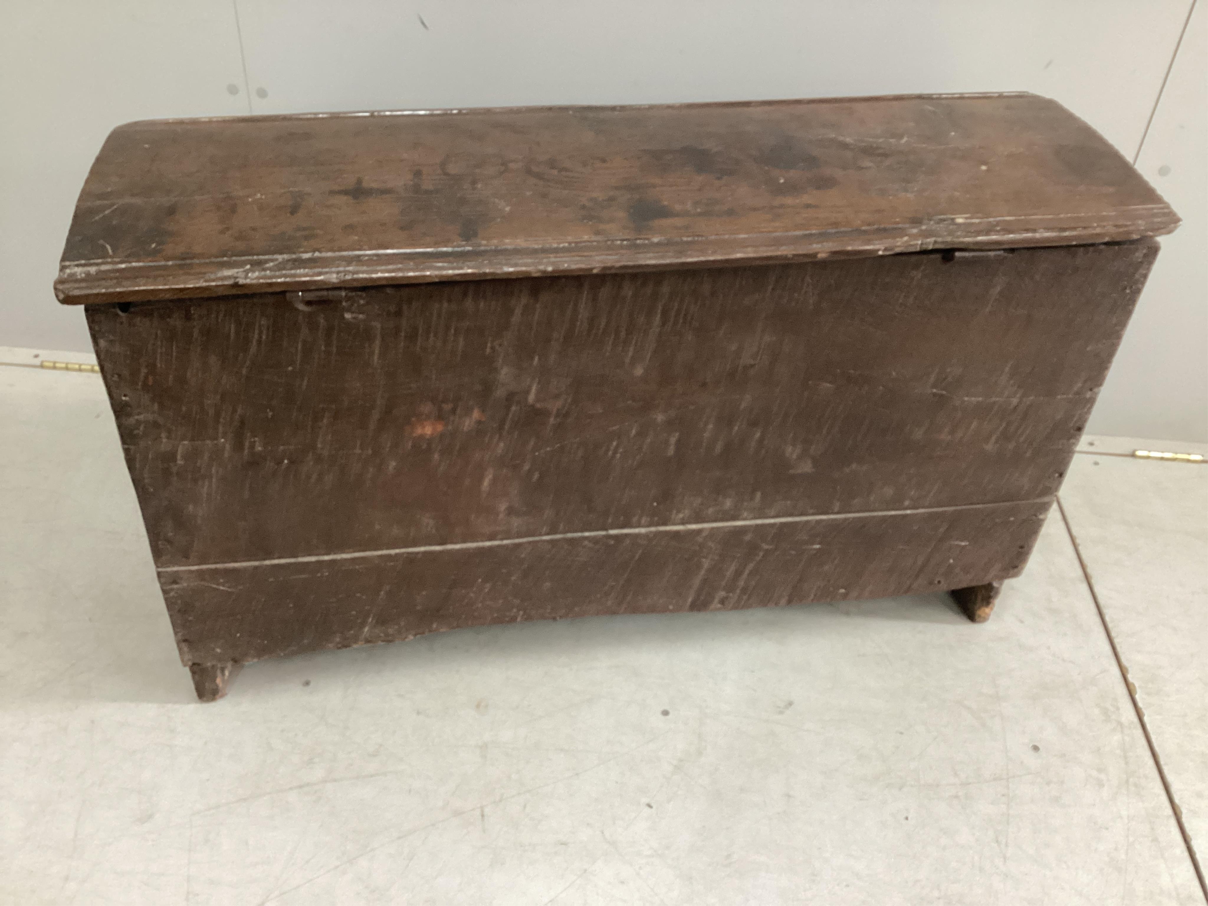 A 17th century oak six plank coffer, width 104cm, depth 34cm, height 60cm. Condition - fair